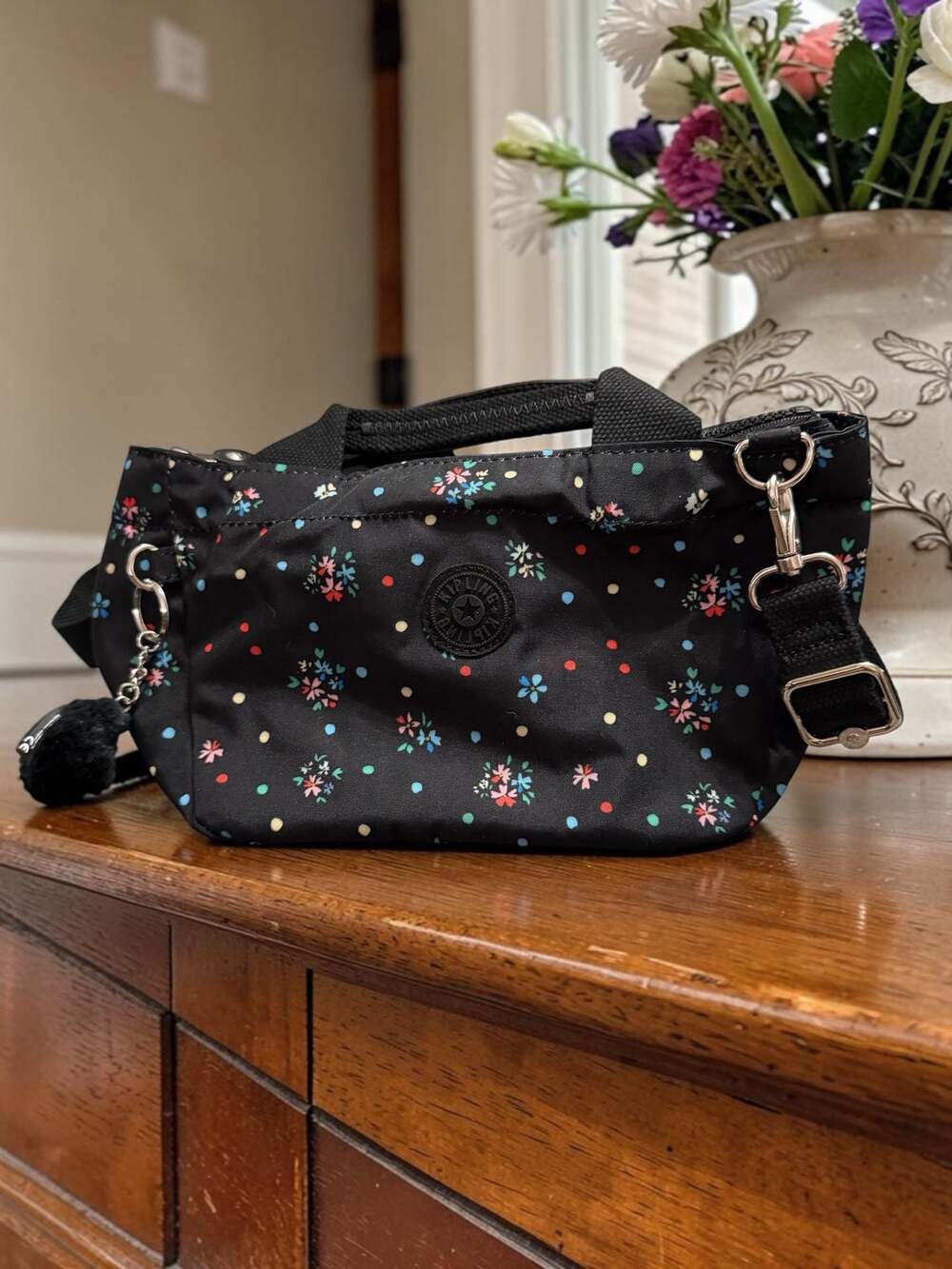 Kipling Black Floral Polka Dot Crossbody Bag with Monkey Keychain